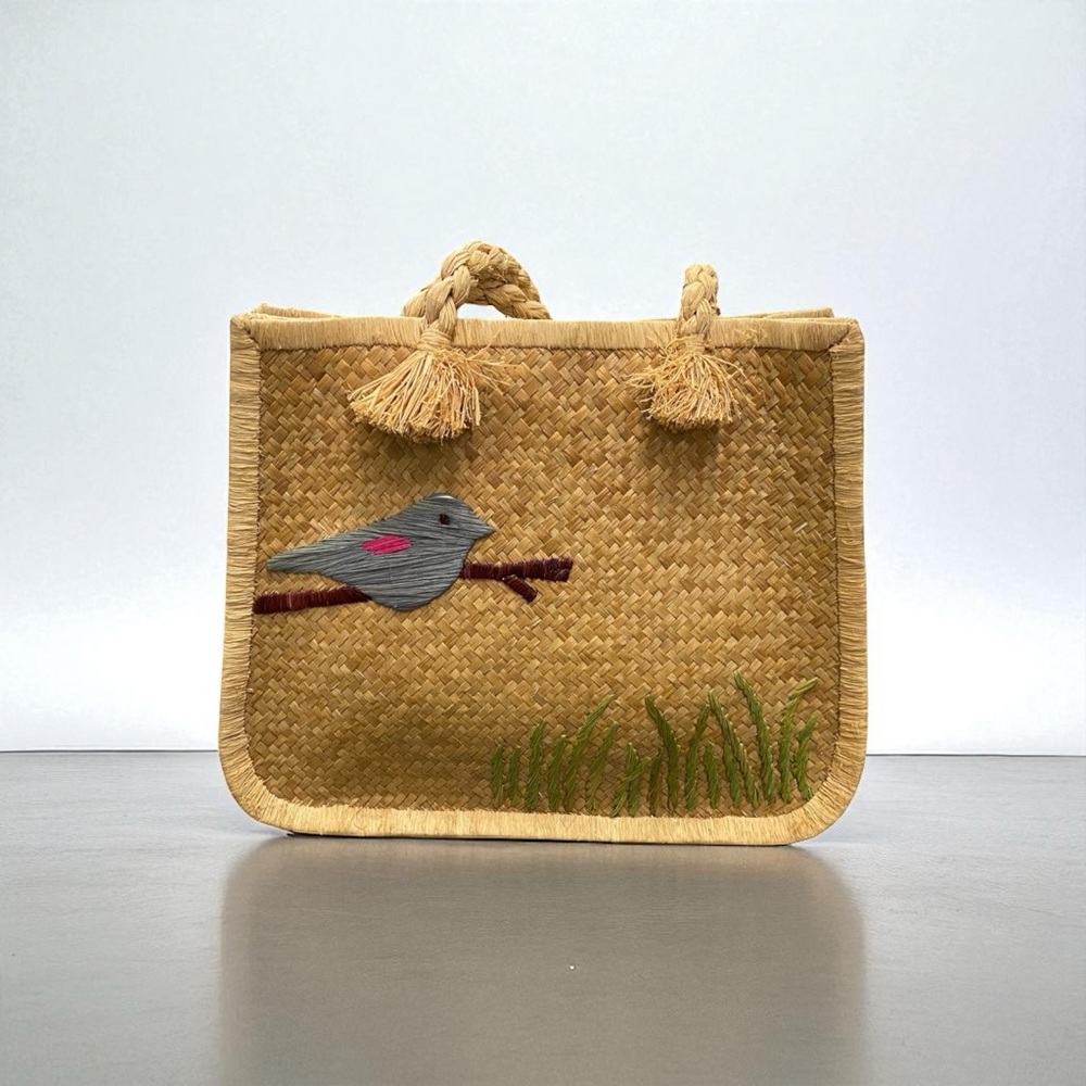 Handcrafted Straw Tote Bag with Bird Design